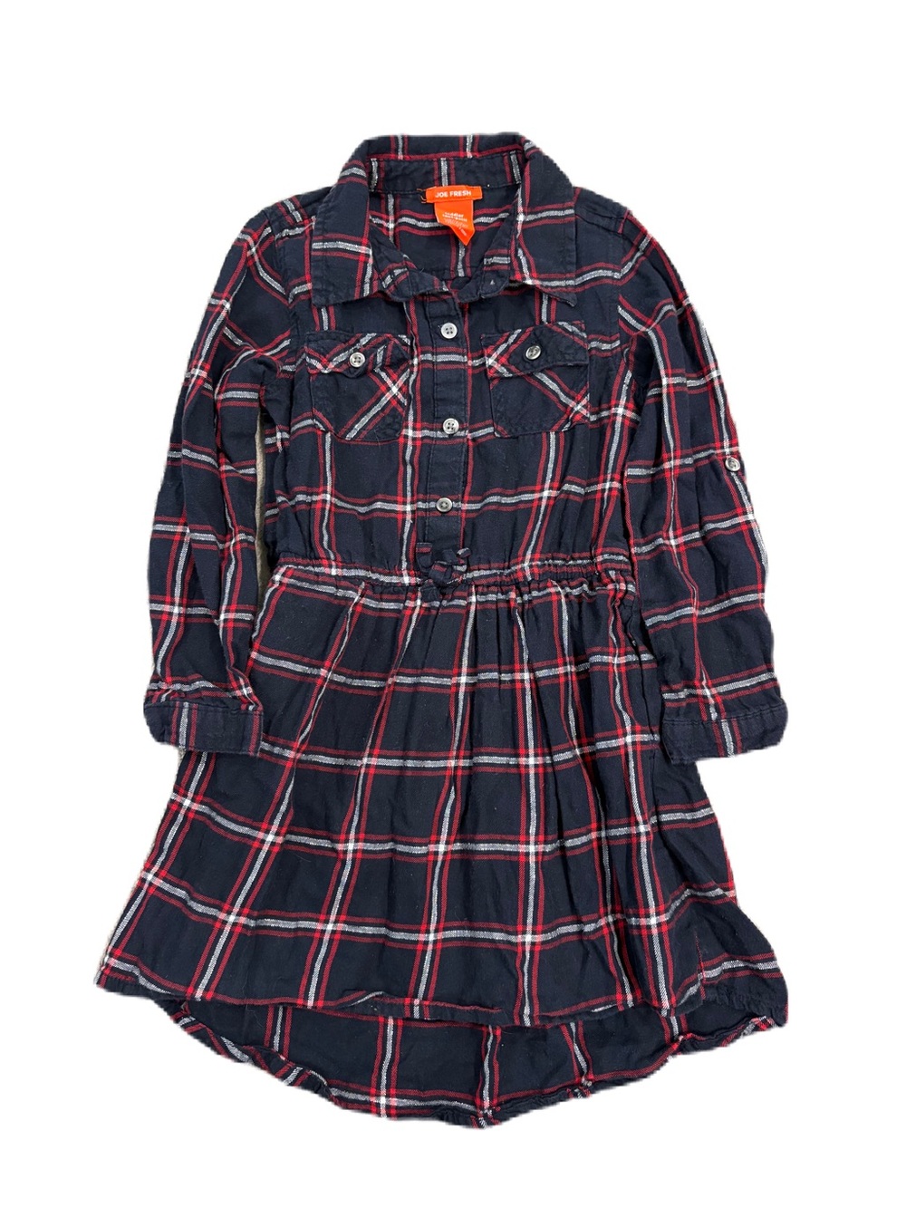 Joe Fresh Navy Plaid Shirt Dress with Red & Sparkly White Trim - 5 years